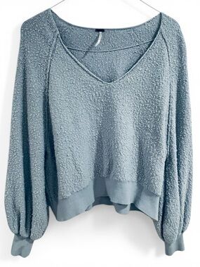 Free People Boho Sky Blue Off the Shoulder Knit Slouchy Cropped Sweater